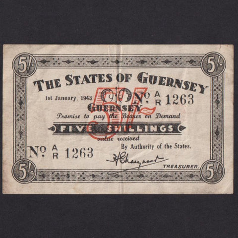 Guernsey (P31) G243 ( only 420 notes outstanding )  5 Shillings, 1st January 1943, A/R11263, rust, Fine