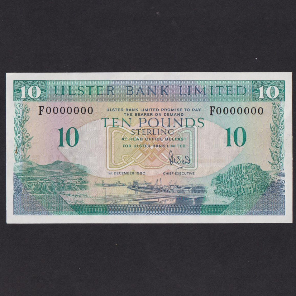 Northern Ireland (P332s) £10 specimen, 1st December 1990, Ulster Bank Limited,  F000000, Good EF