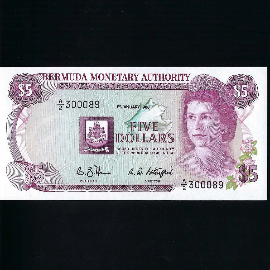 Bermuda (P29d) $5, 1st January 1988, QEII, Monetary Authority, A/2 300089, signature 7 but note number 89 as series starts on 300000, UNC