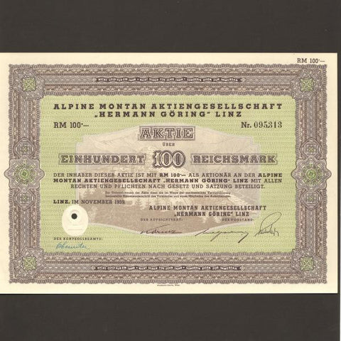 Germany 100 Reichmark (1939) Alpine Montan Herman Goring - Colin Narbeth & Son Ltd.