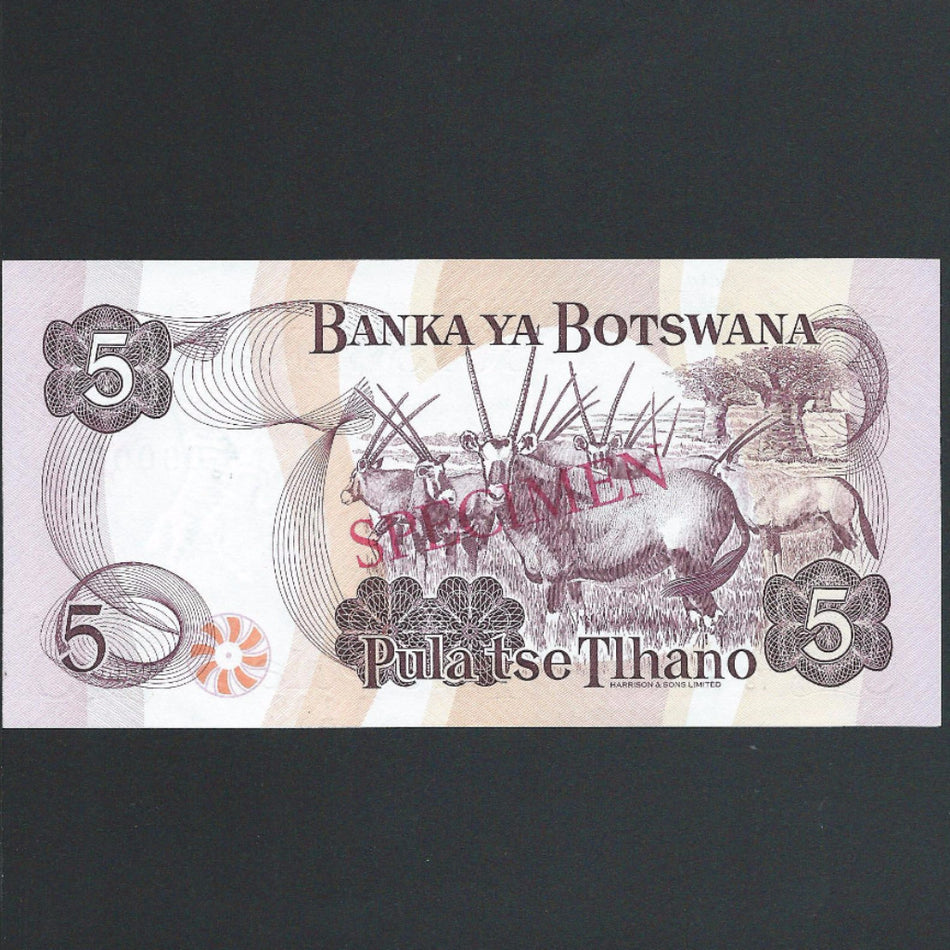 Botswana (P11s) 5 Pula specimen, C/18, Harrison, UNC