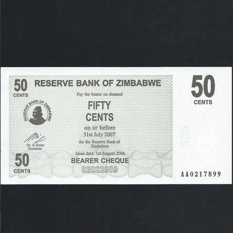 Zimbabwe (P36) 50 Cents, 1st August 2006, UNC