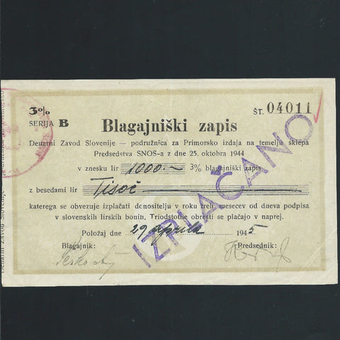 Yugoslavia 1000 Lir, 25th October 1944, P.NL Slovenia Branch office, coastal region for disbursements. 3%, for Partizans, EF