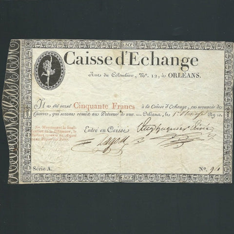 France (PS232) 50 Francs, 1801, Caisse d'Exchange, Orleans, Fine