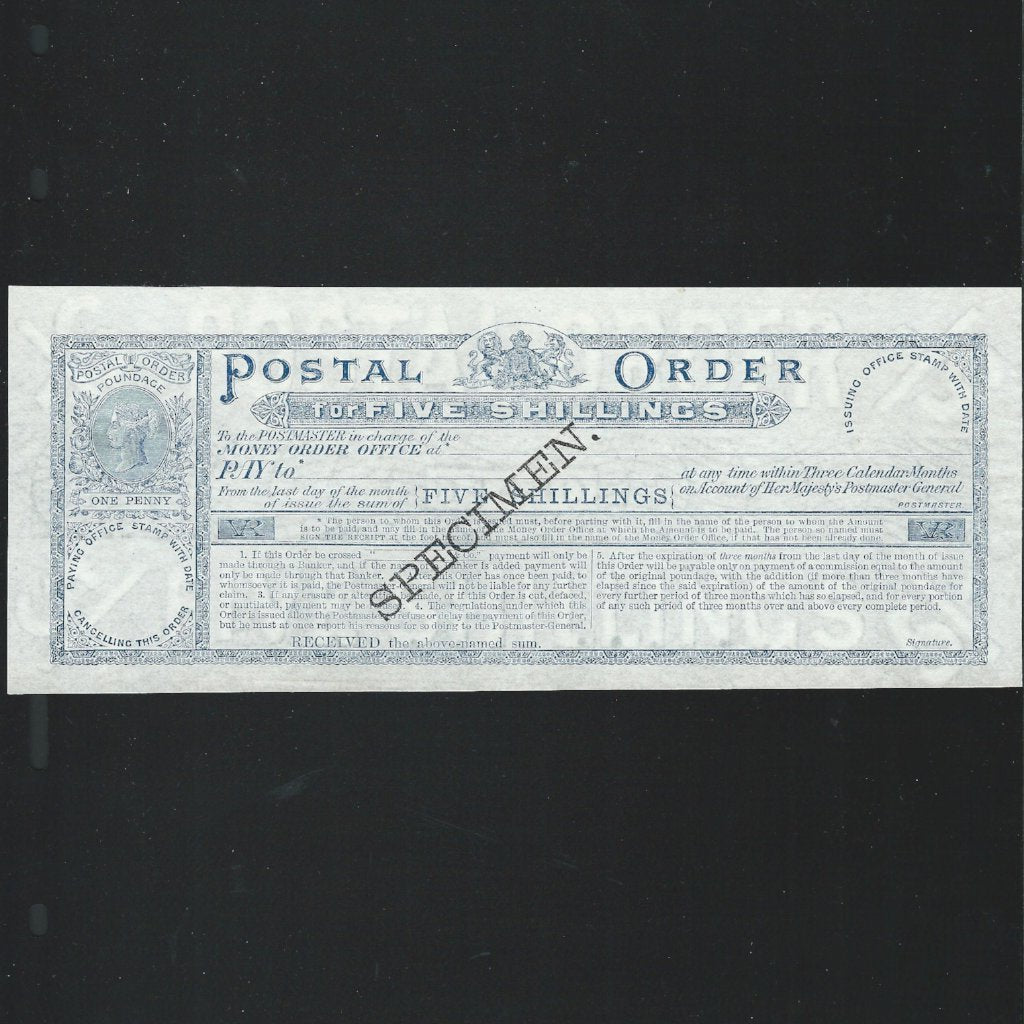 Postal Order 5/- specimen, Queen Victoria, UNC
