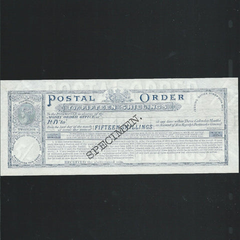 Postal Order Fifteen Shillings specimen, Queen Victoria, UNC