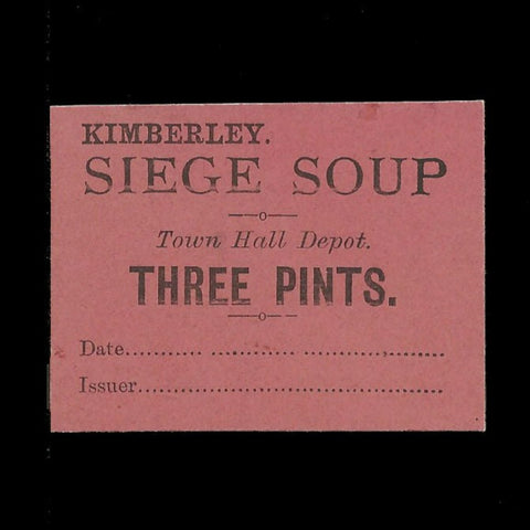 South Africa, Siege of Kimberley Soup Ticket 3 Pints, Town Hall Depot, red, Ineson 311, very rare (10 or under recorded)