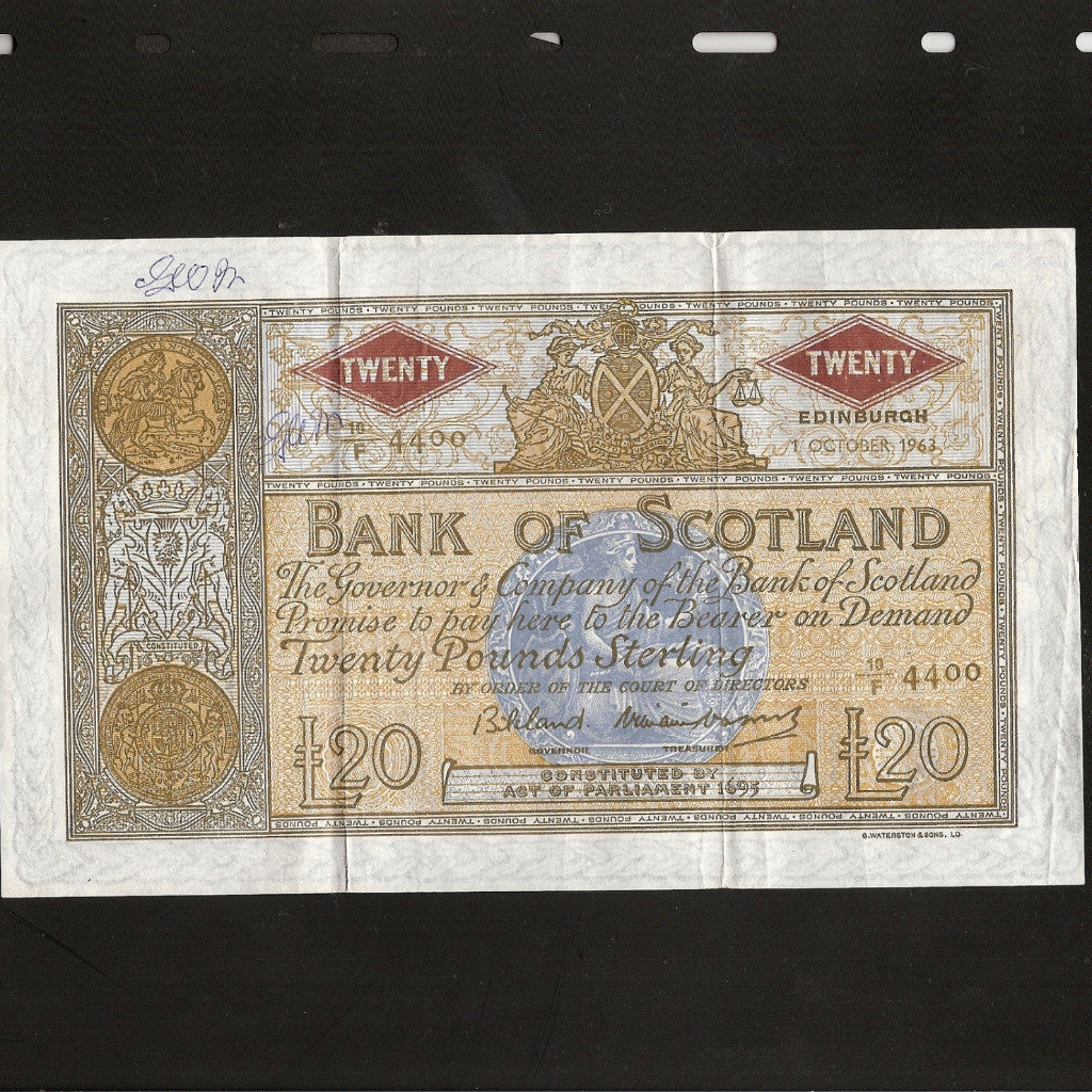 P. 94f Scotland £20 (01.10.1963) Bank Of Scotland, Bilsland/ Watson, 10/F (500000 issued). Ink marks, Good VF - Colin Narbeth & Son Ltd.