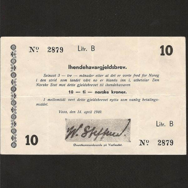 P.M2 Norway 'General Steffens' 10 Kroner. Emergency issue while he held up the German Advance to enable the King of Norway to escape in a British Destroyer. Very rare VF - Colin Narbeth & Son Ltd.