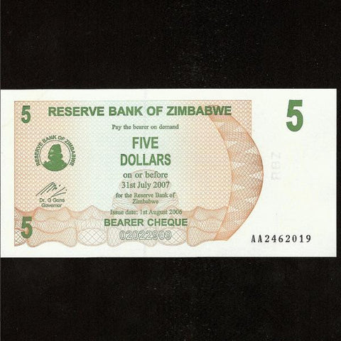 P.38 Zimbabwe 5 Dollars (01.08.2006) UNC - Colin Narbeth & Son Ltd.