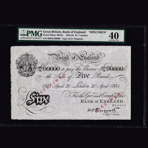 Bank of England (B241s) Peppiatt, £5 specimen, 20th April 1934, 000/Q 000000, ex Lou Manzi, EF