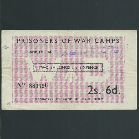 England, Two Shillings and Sixpence POW note used for German POW, Camp 154, Swanscombe, Kent, date stam up to 1947 on reverse, Campbell 5019a, Fine/ VF
