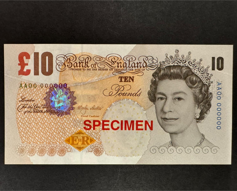 Bank of England (B390s) Lowther, £10 specimen, AA00 000000, interesting to see not illustrated in EPM, two staple holes to right corner, A/UNC