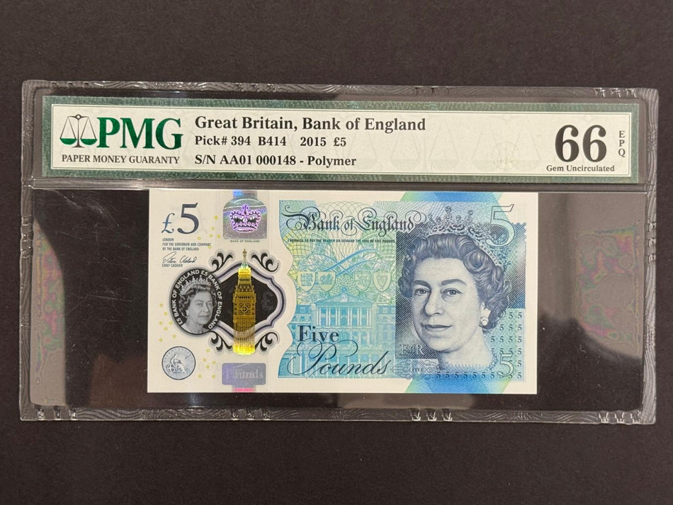 Bank of England (B414) Cleland, £5, AA01 000148, PMG66, UNC