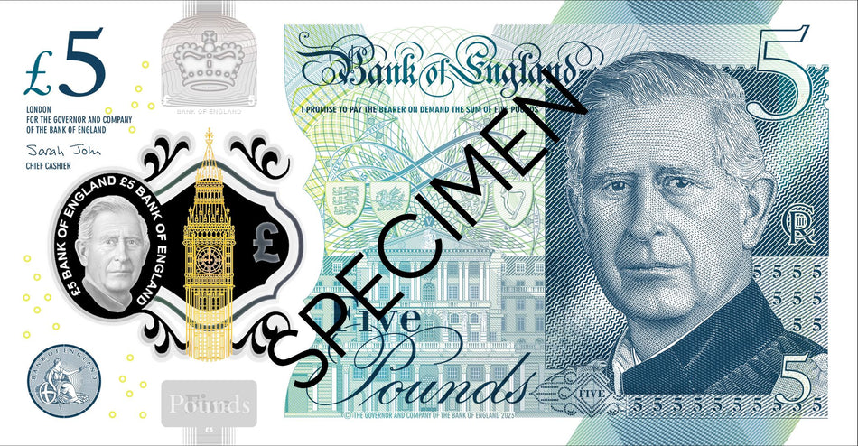 Bank of England, NEW £5, King Charles III, this is an issued note- image for display purpose only, UNC