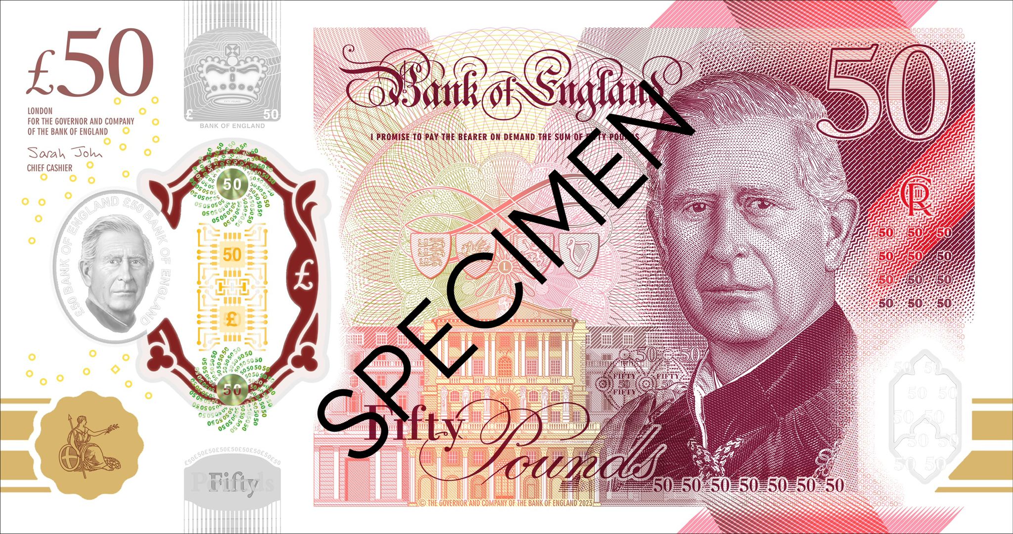 £50 Bank of England 新ポリマー紙幣 Bank of England, Sarah John £50, King Charles III, this is an