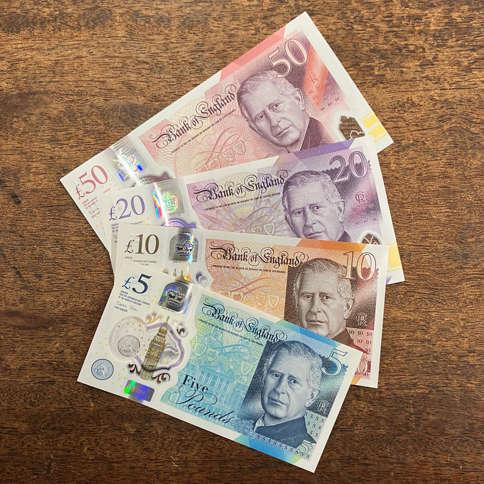 Bank of England, new Charles III set, £5, £10, £20 & £50, all first series, UNC