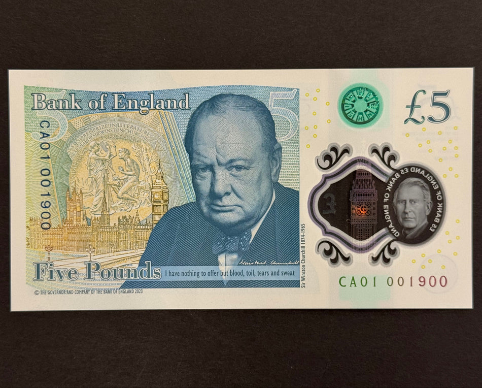 Bank of England (B419) John, £5, CA01 001900, Charles III, first million, UNC
