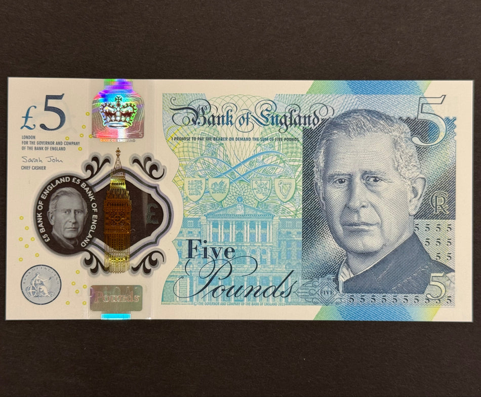 Bank of England (B419) John, £5, CA01 001900, Charles III, first million, UNC