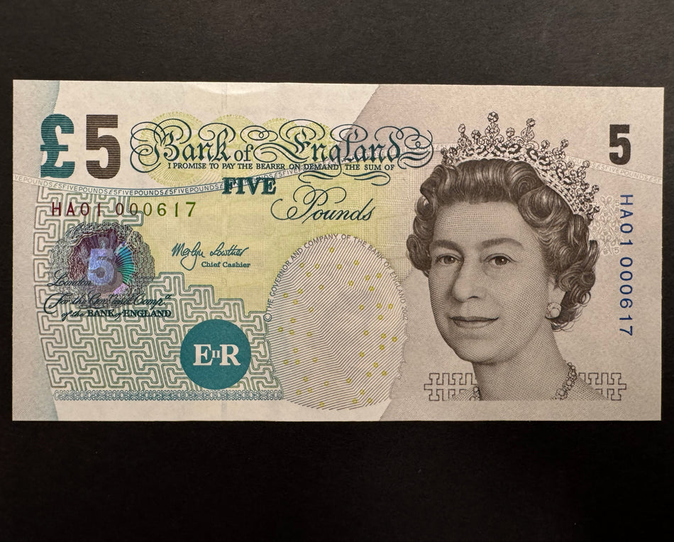 Bank of England (B393) Hollom, £5, HA01 000617, first million, UNC