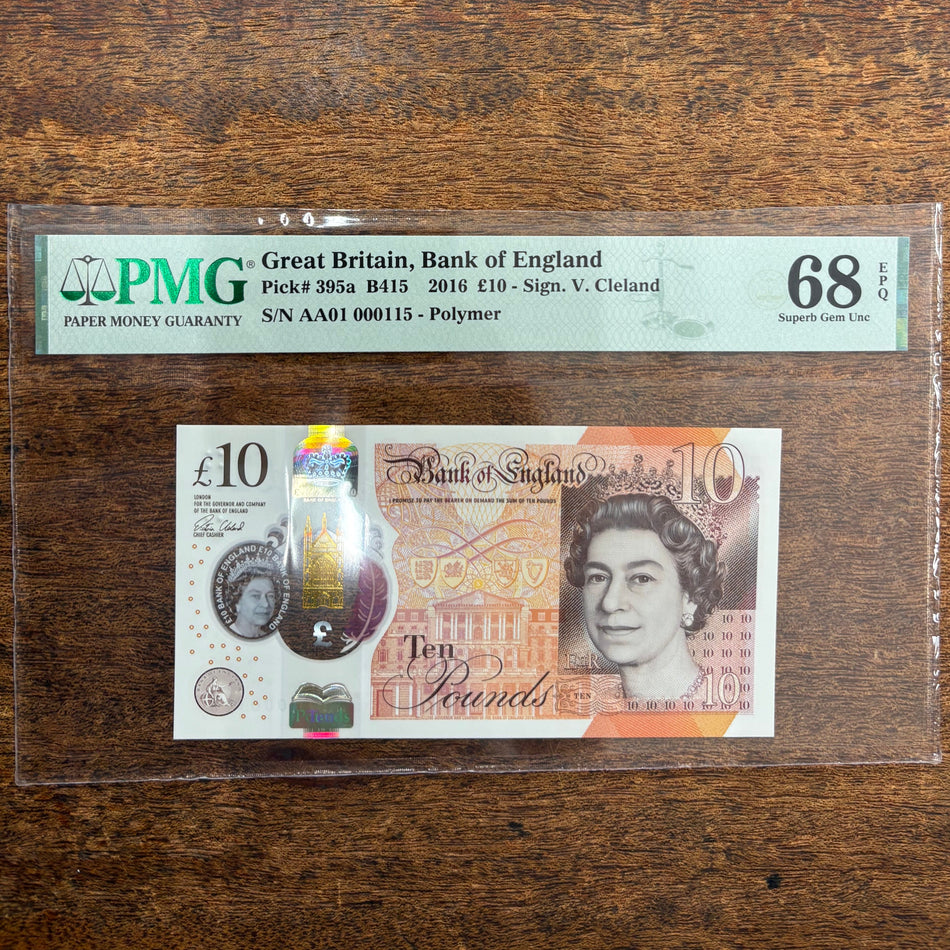 Bank of England (B415) Cleland, £10, AA01 000115, low serial & first million, PMG68, UNC