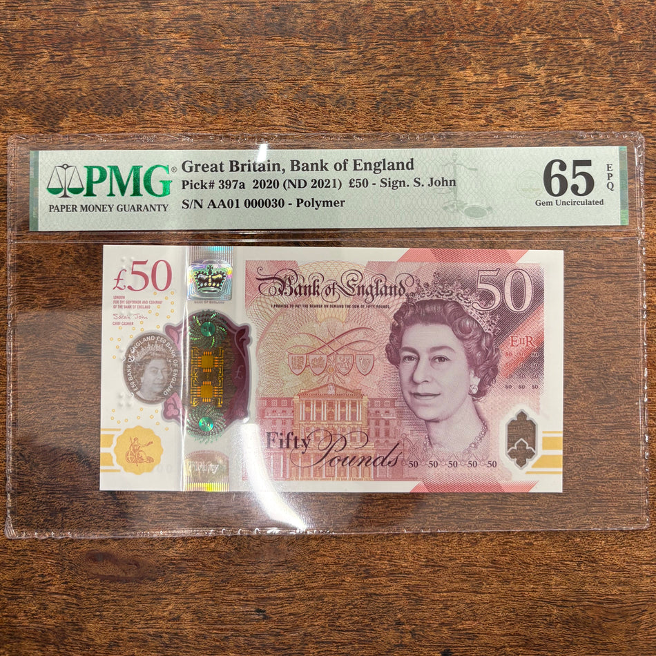 Bank of England (B418) John, £50, AA01 000030, low serial & first million, PMG65, UNC