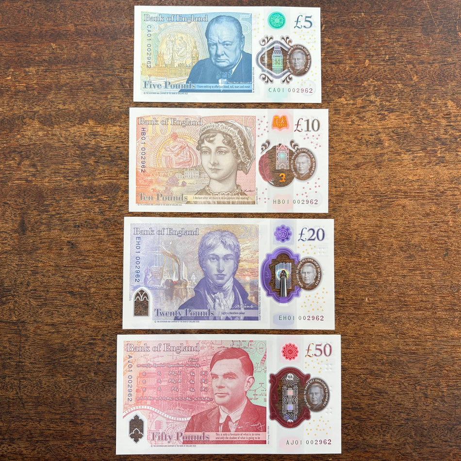 Bank of England (B419-422) £5, £10, £20 & £50 matched number set 002962 , CA01, HB01, EH01 & AJ01, all 002962, first million, King Charles III, UNC