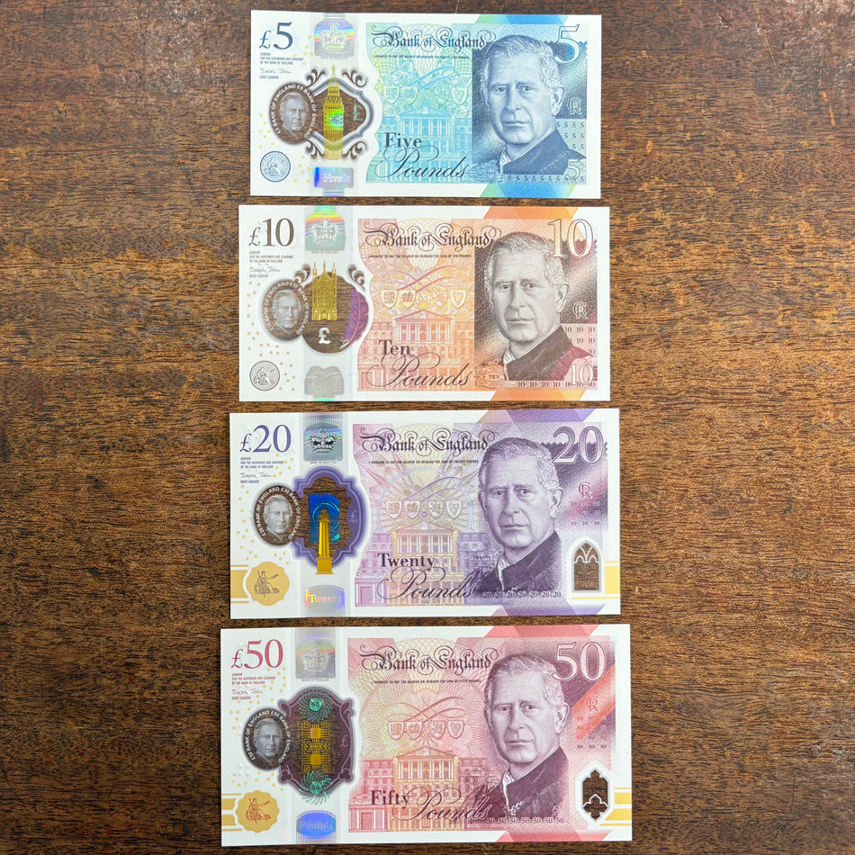 Bank of England (B419-422) £5, £10, £20 & £50 matched number set 002962 , CA01, HB01, EH01 & AJ01, all 002962, first million, King Charles III, UNC