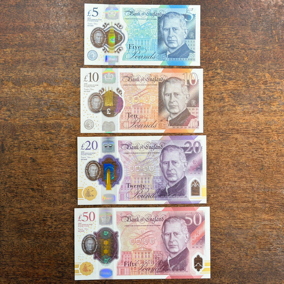 Bank of England (B419-422) £5, £10, £20 & £50 matched number set 002283, CA01, HB01, EH01 & AJ01, all 002721, first million, King Charles III, UNC
