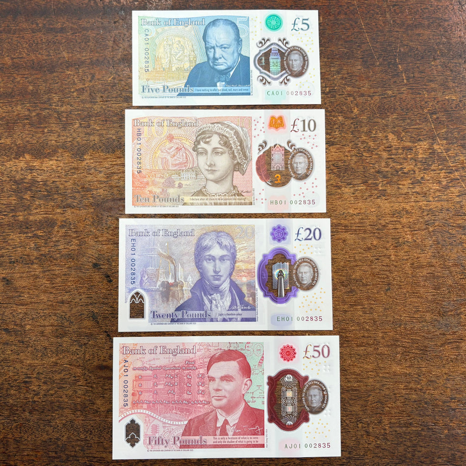 Bank of England (B419-422) £5, £10, £20 & £50 matched number set 002811 , CA01, HB01, EH01 & AJ01, all 002835, first million, King Charles III, UNC