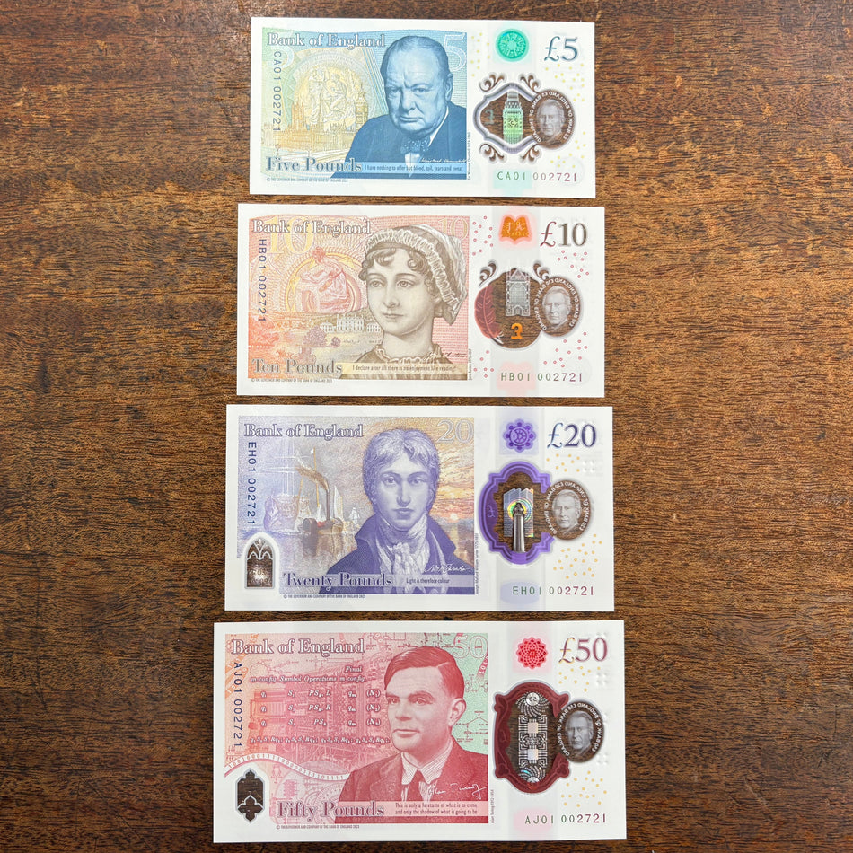 Bank of England (B419-422) £5, £10, £20 & £50 matched number set 002283, CA01, HB01, EH01 & AJ01, all 002721, first million, King Charles III, UNC