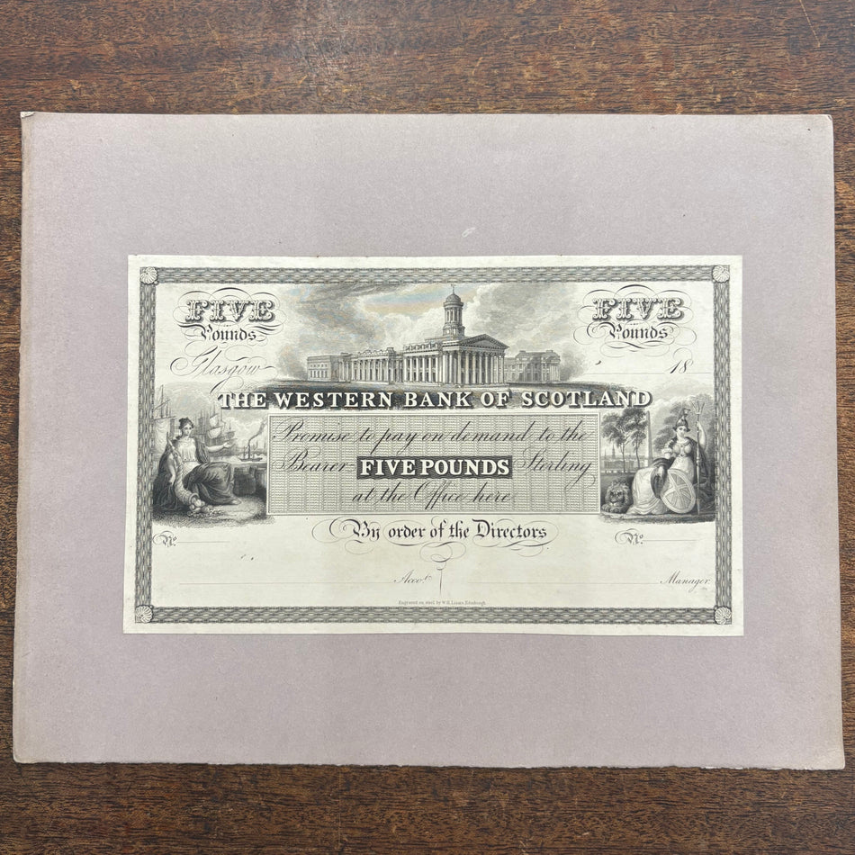 Scotland, Western Bank of Scotland, £5 obverse proof on card, 1840, Royal Exchange, WE2, VF