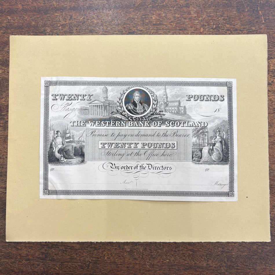 Scotland, Western Bank of Scotland, £20 obverse proof on card, William IV, WE4, VF