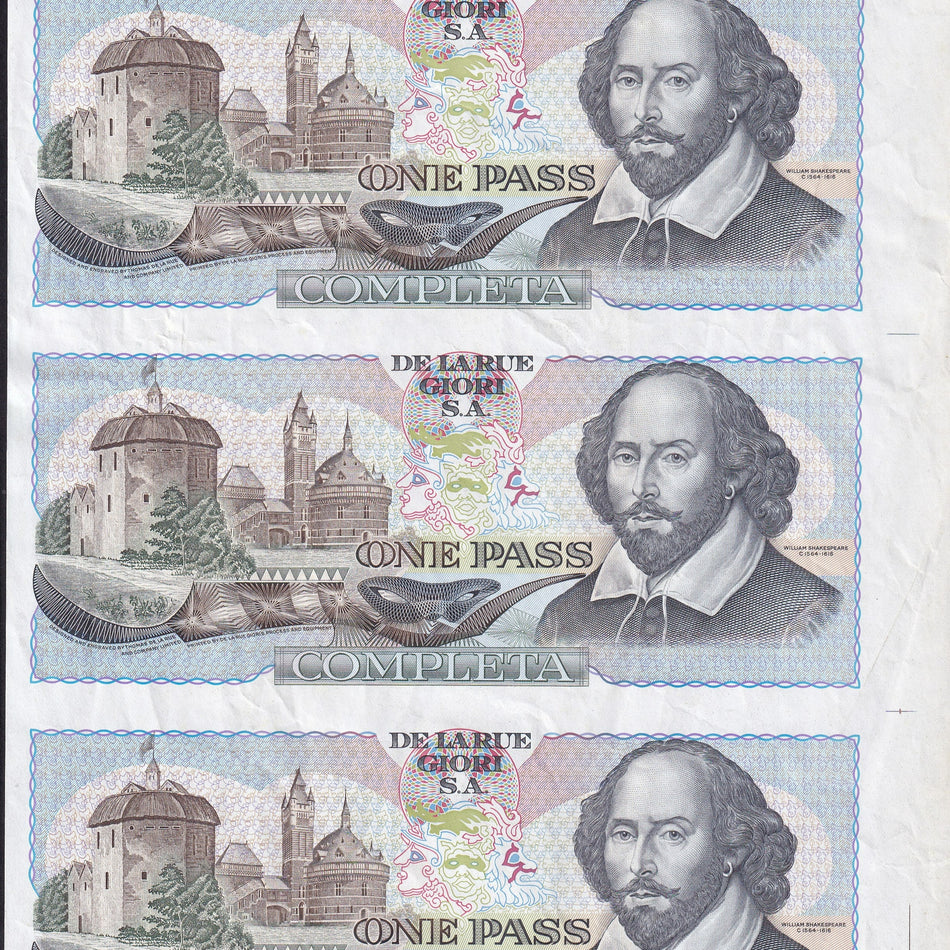 Promotional - De La Rue, Giori S.A., One Pass, uncut sheet of three, EF