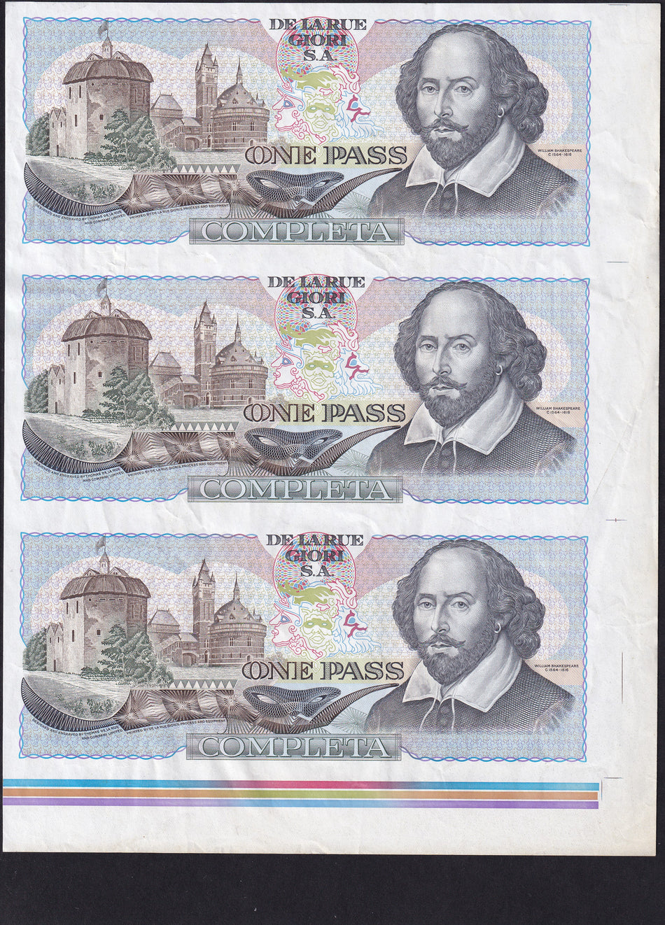 Promotional - De La Rue, Giori S.A., One Pass, uncut sheet of three, EF