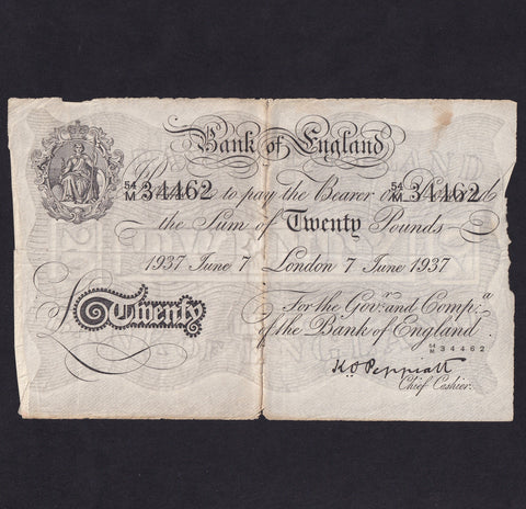 Operation Bernhard - Nazi forgery 1942-44, Peppiatt £20, 7th June 1937, 54M 34462, rust, Poor
