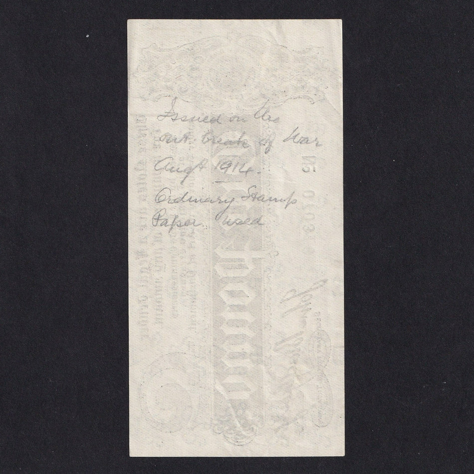 Treasury Series (T.5 type 3b) Bradbury, £1, 1914, D27 070316, pencil notations on reverse: 'Issued on the out-break of War Aug 1914, normal sample paper...', paperclip indent, otherwise Good EF