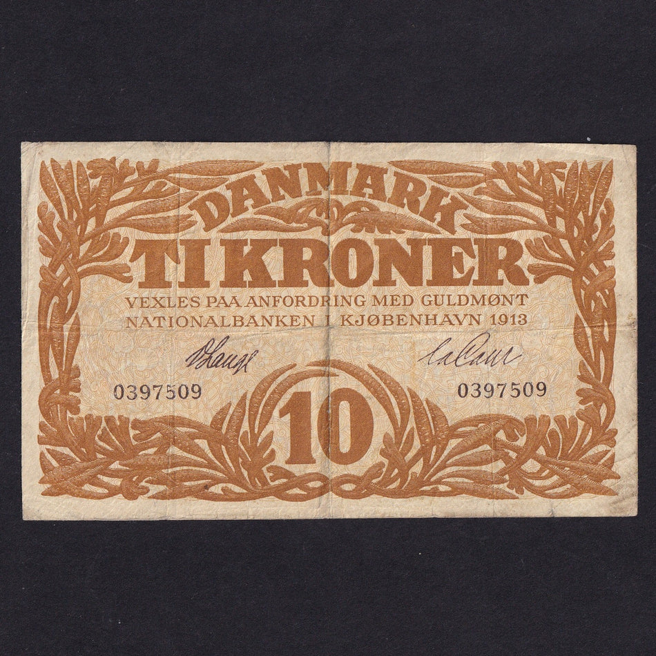 Denmark (P21a) 10 Kronor, 1913, without prefix letter, 0397509, VG/ Fine