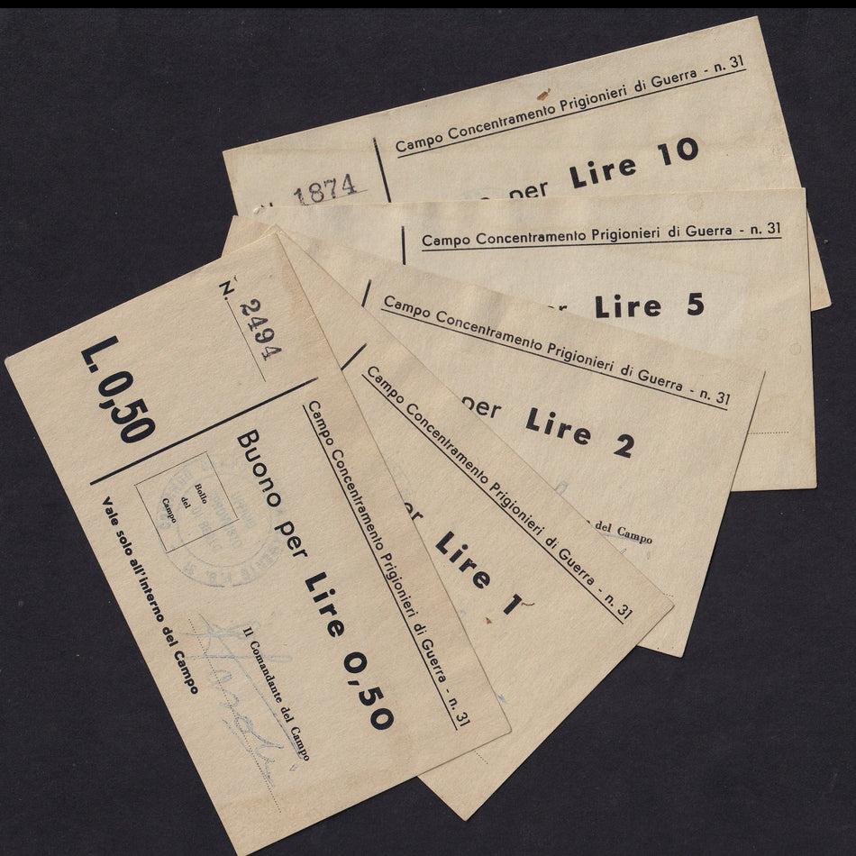 Italy, WWII POW Camp 31, 0.5, 1, 2, 5 & 10 Lire set (5 notes), Campbell 5912-5916, Fine