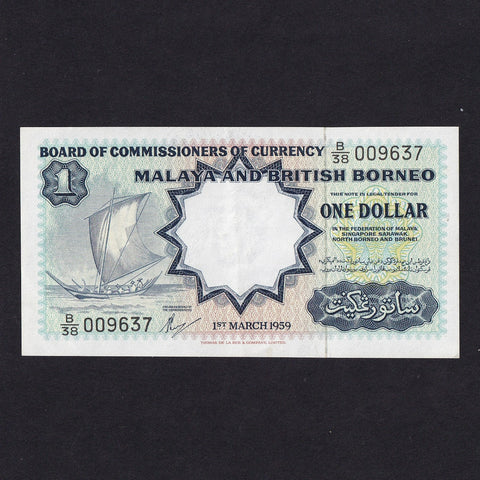 Malaya & British Borneo (P8A) $1, 1st March 1959, B38 009637, TDLR printing, centre fold, otherwise Good EF