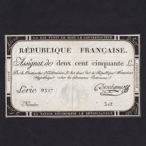 France (Assignats, PA75) 250 Livres, 1793, series 9327, Deschamps, EF