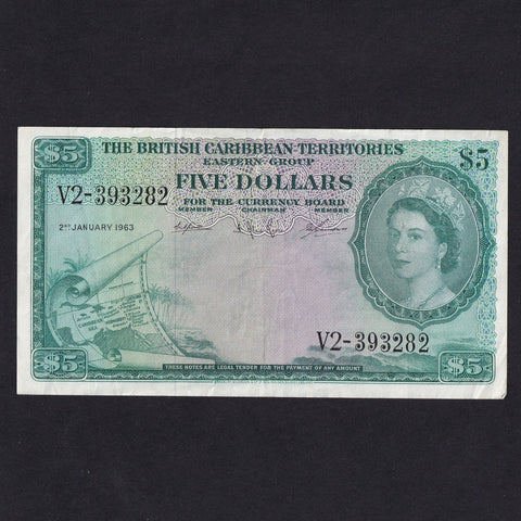 British East Caribbean (P9c) $5, 2nd January 1963, QEII watermark, V2 393282, Good VF