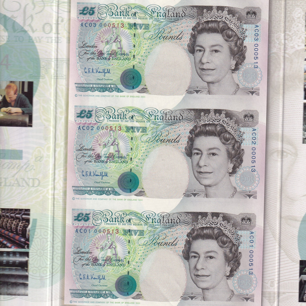 Bank of England (C108) Kentfield, strip of 3 £5 notes, AC01, AC02, AC03 000513, UNC