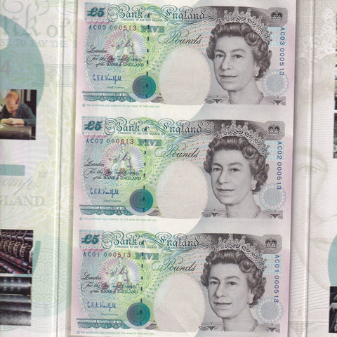Bank of England (C108) Kentfield, strip of 3 £5 notes, AC01, AC02, AC03 000513, UNC