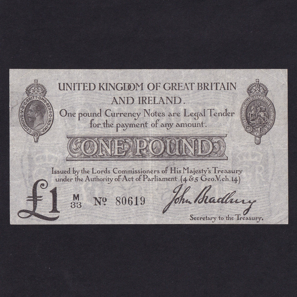 Treasury Series (T11 type 1, 2nd issue) Bradbury, £1, 1914, De la Rue, M33 80619, tape repair reverse, pressed, Fine