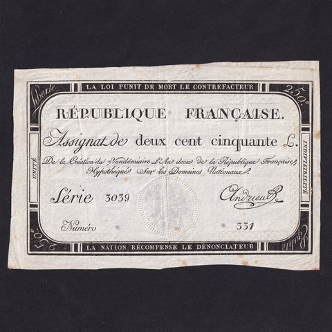 France (Assignats, PA75) 250 Livres, 1793, series 3039, Andrieu, rust, EF