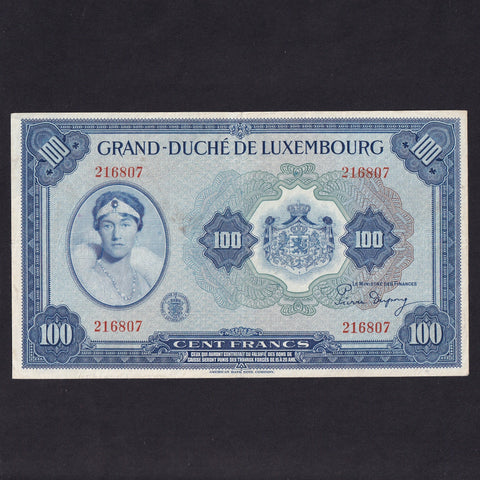Luxembourg (P47a) 100 Francs, 1944, 216807, pressed VF