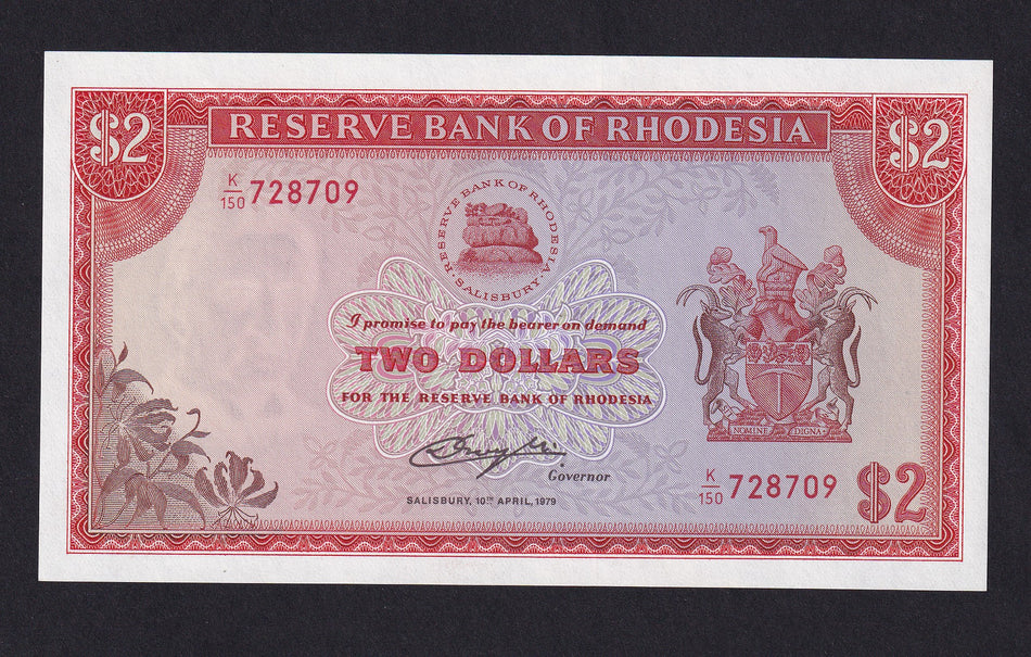 Rhodesia (P35a) $2 error, 10th April 1979, Salisbury, but Rhodes watermark, K150 728709, UNC