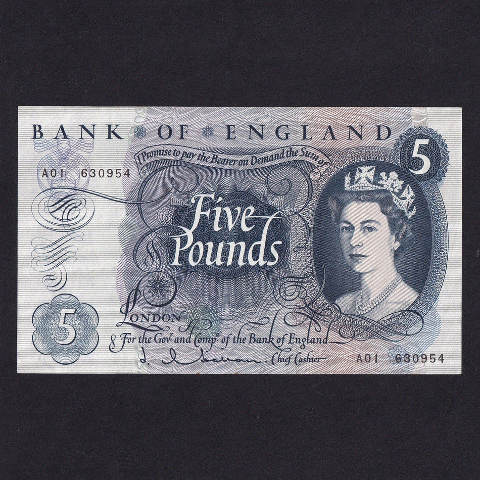 Bank of England (B297) Hollom, £5, first million, A01 630954, Good VF