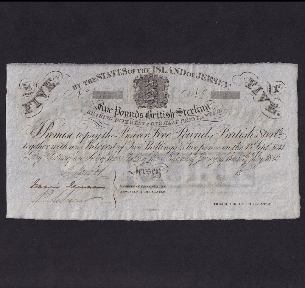 Jersey (PA1r) British Administration, States of the Island of Jersey, £5 interest-bearing note, 1840, unissued, remainder, UNC